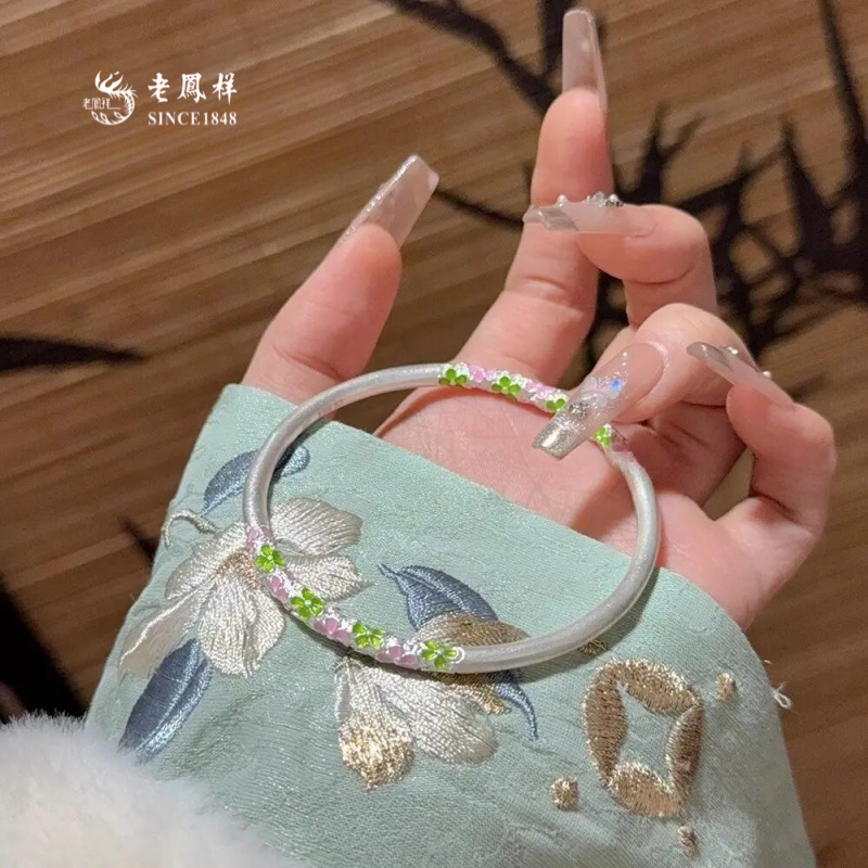 老鳳詳珐琅梅花彩绘纯银女款银手镯七夕节生日送女友礼物