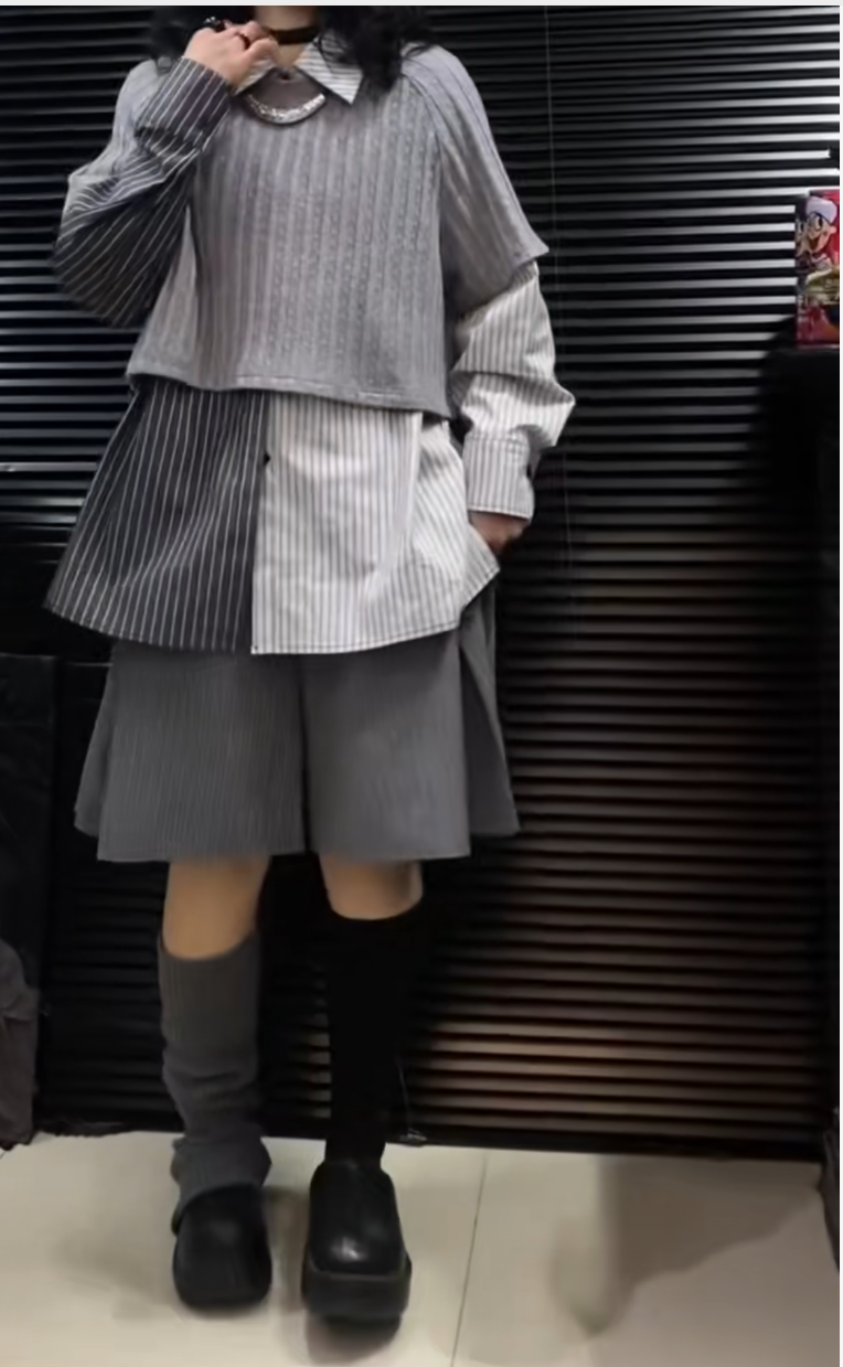 【63号】拼色条纹衬衫针织背心两件套