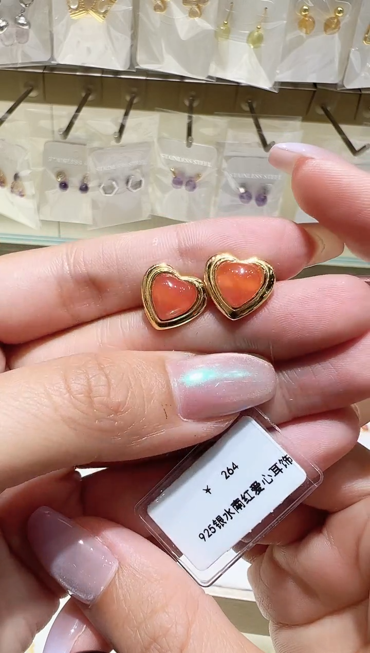 银S925镀金镶嵌南红玛瑙耳饰@@