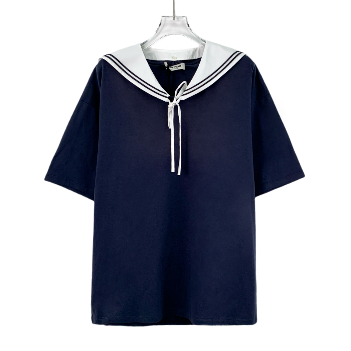 全新未使用 MIU MIU/缪缪 DW0555 22款深蓝色条纹海军领T恤 M码 