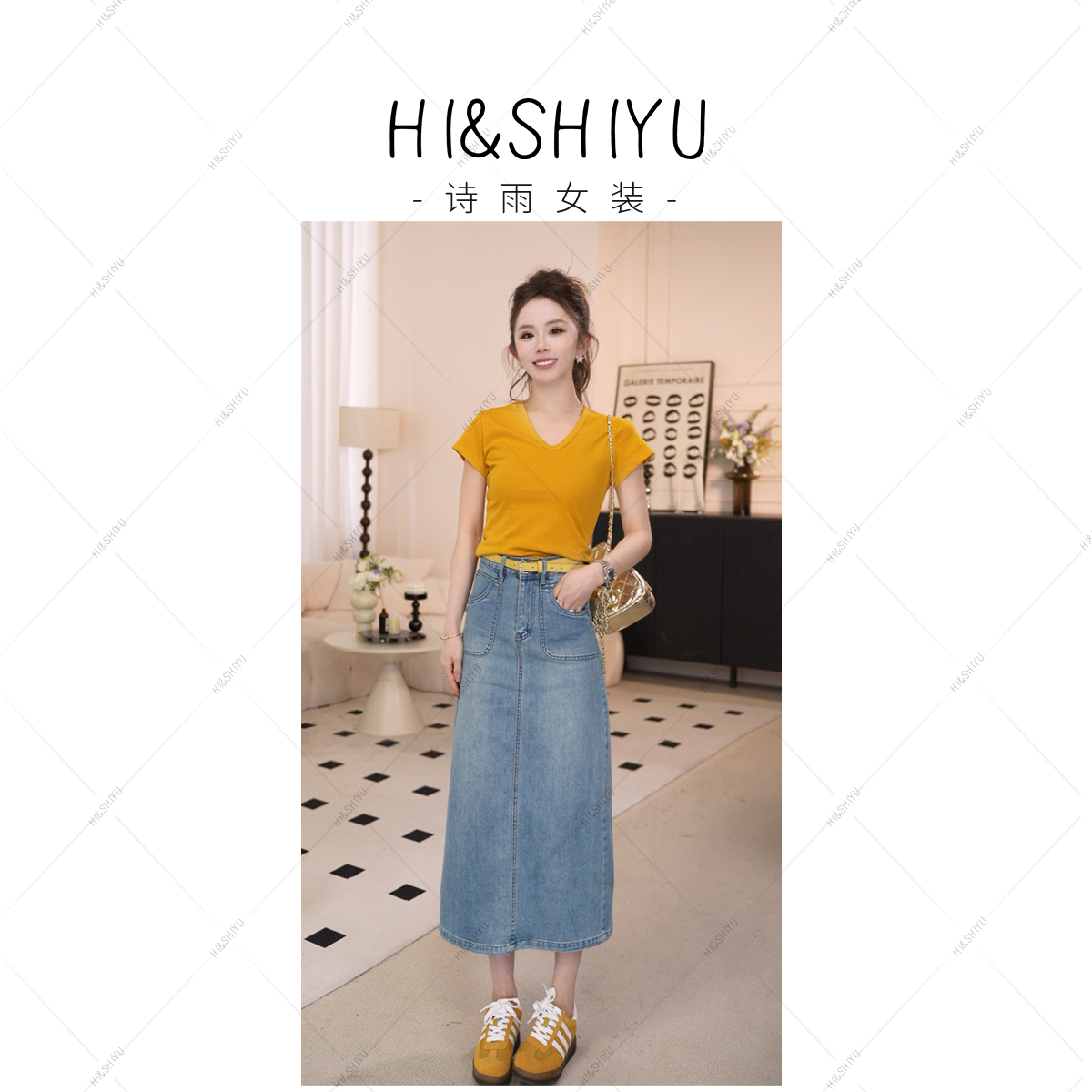 HISHIYU  牛仔半身裙女 新款高腰显瘦 百搭遮跨开叉裙子DC8011