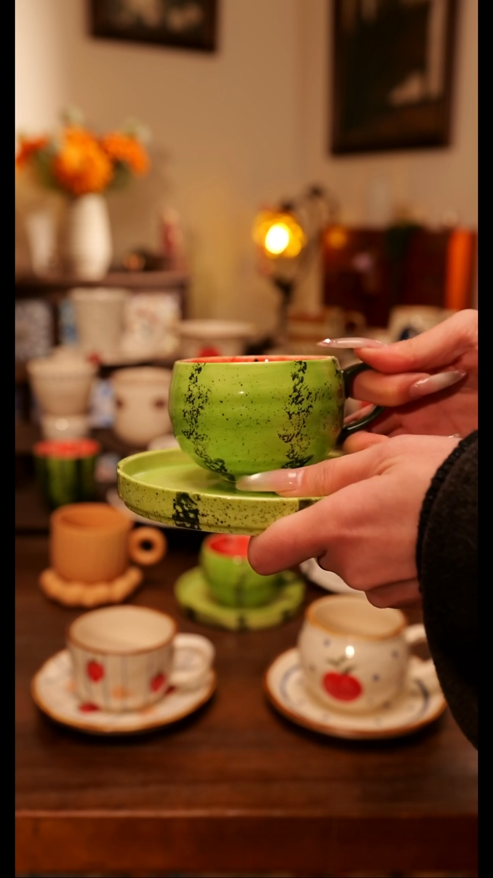 陶便携款西瓜杯碟  手作  手绘釉下彩