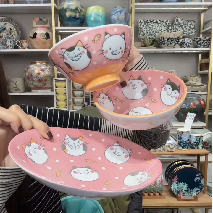 清货土【3件套】日本进口美浓烧馋嘴猫(饭碗1个+小钵1个+椭圆盘1个)