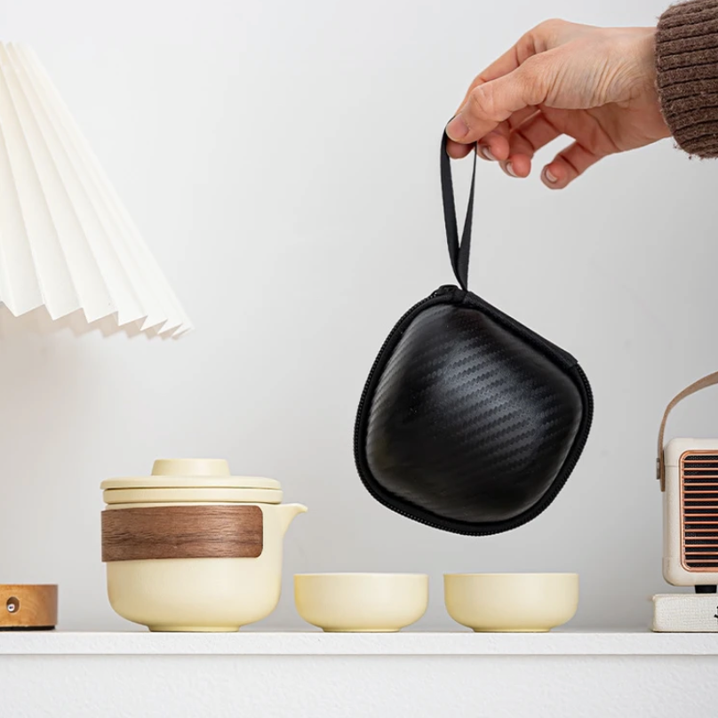 奶黄色快客杯户外露营旅游泡茶壶茶杯一壶二杯简约陶瓷防烫YS595