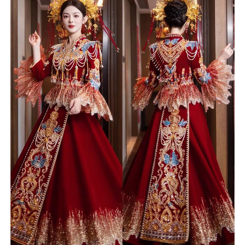 丝绒秀禾服2025新款中式嫁衣新娘结婚服高端重工修身V领出阁服春