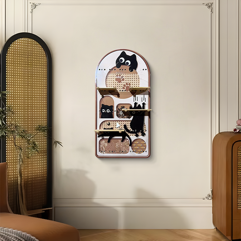 中古风猫咪玄关装饰画洞洞板多功能置物挂画入户走廊过道画60120