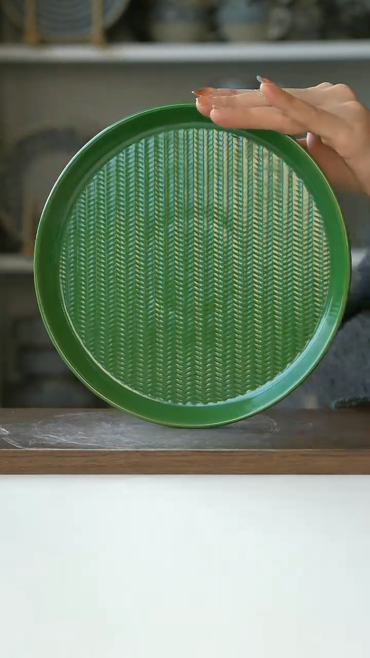 陶出土耳其绿浮雕麦穗早餐盘20cm@4-2@微瑕