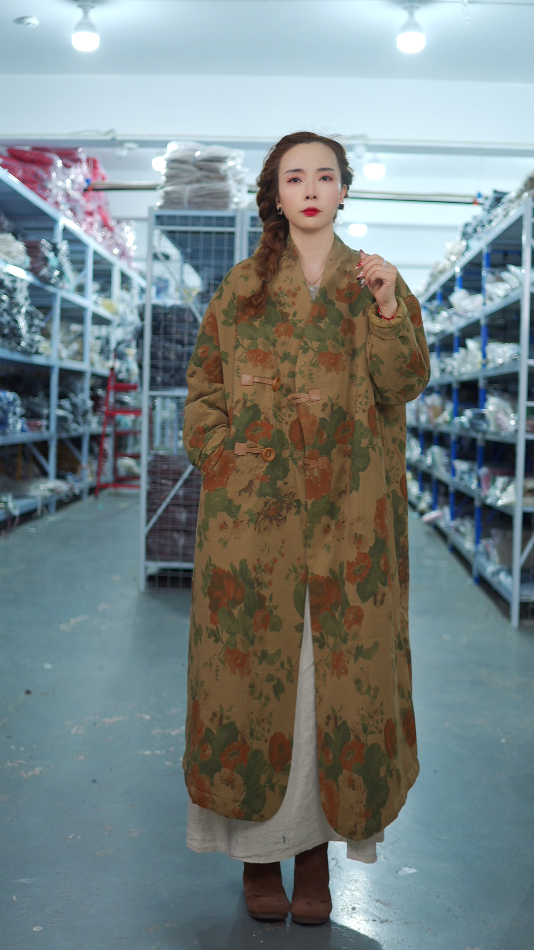 花璟与麻原创设计款V领两粒扣夹棉棉衣（衣长115胸围132)