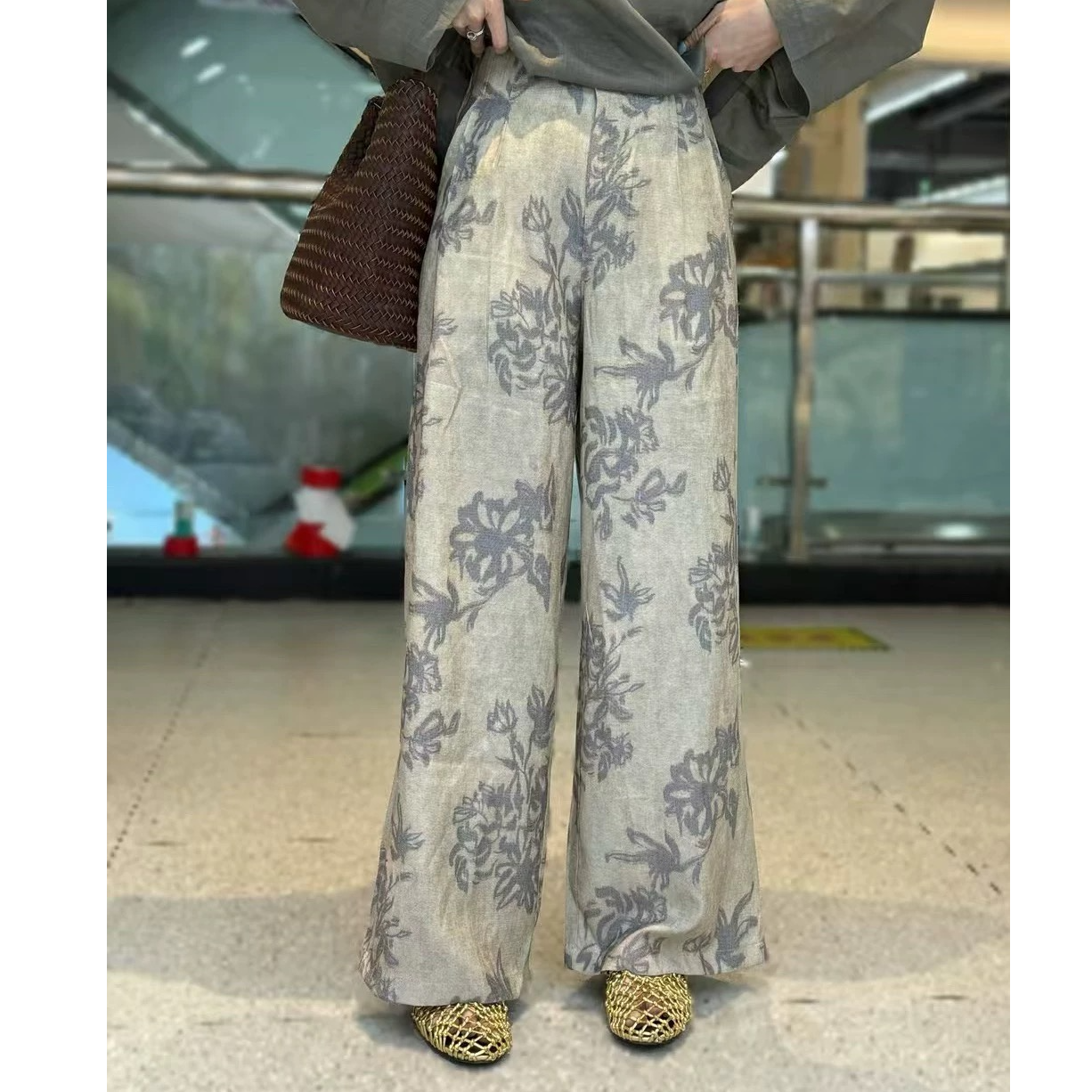 9122印花高腰花纹极简风直筒裤抽绳休闲气质中国风阔腿裤宽松提花