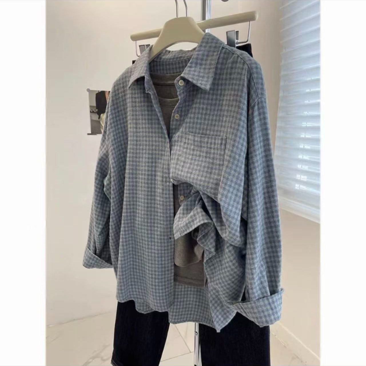 港风韩版穿搭格子磨毛幂式穿搭中长款格子衬衫长袖慵懒风