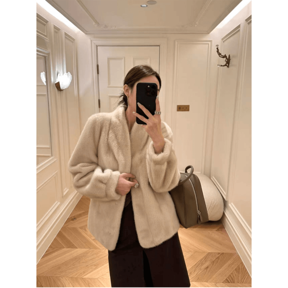 中古风环保水貂皮草外套女 V领简约百搭时尚新款毛毛大衣冬季保暖