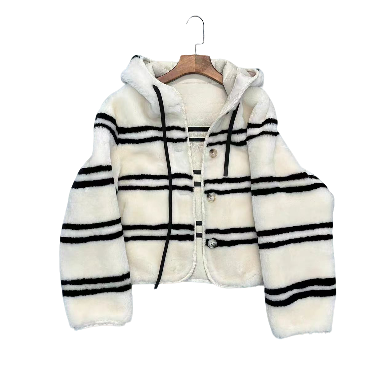 冬季短款条纹连帽皮毛一体女外套2024--8815