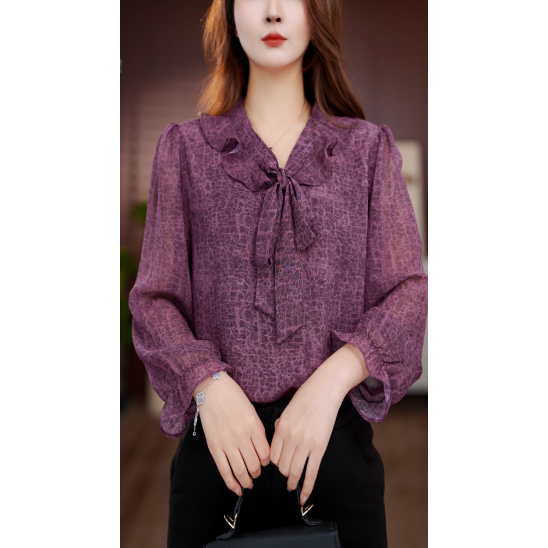FZ305紫气东来2026新款V领高端小衫套头衬衫时髦长袖上衣打底衫女