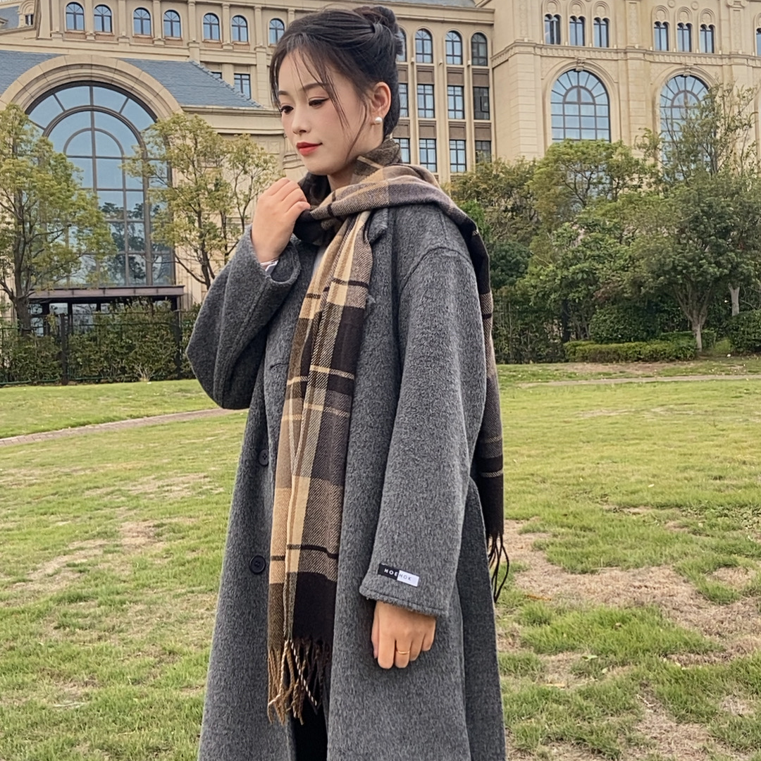 D秋冬上新轻奢双面尼大衣气质百搭毛呢外套女时尚潮流中长款风衣