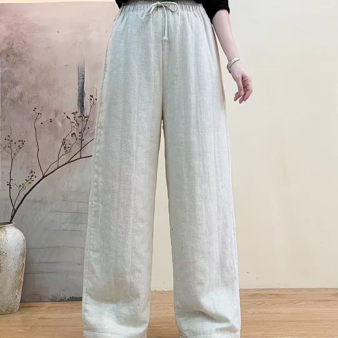 玖麻原创 2222 冬季新款加厚保暖亚麻棉阔腿直筒女士显瘦百搭长裤