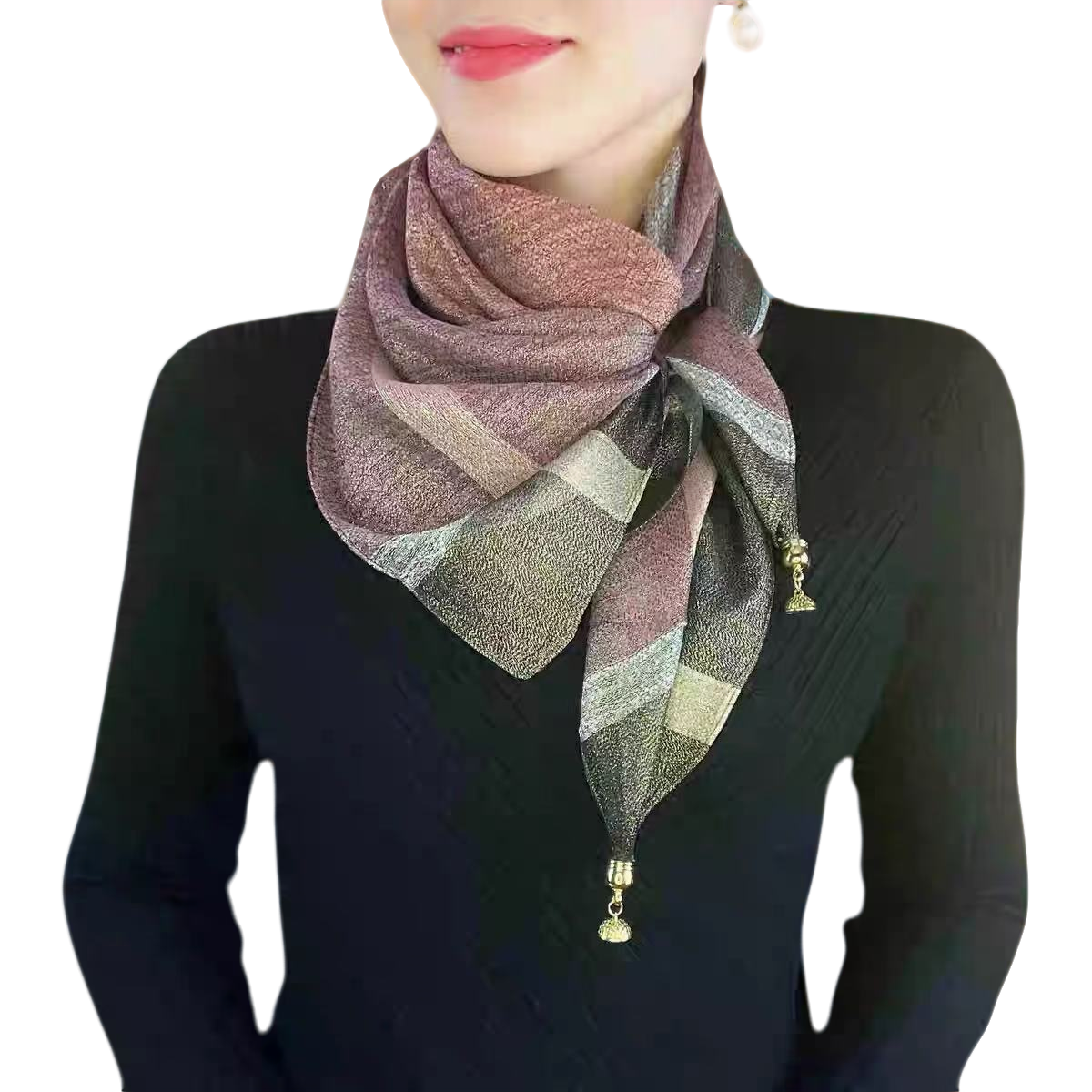 纱巾渐变金丝线磁吸扣气质百搭丝巾洋气时尚女士潮流拼色蕾丝春秋