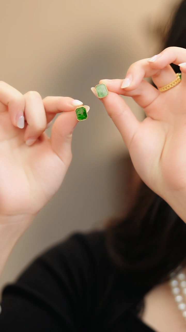 翡翠银S925镀金镶嵌耳钉方牌小耳钉