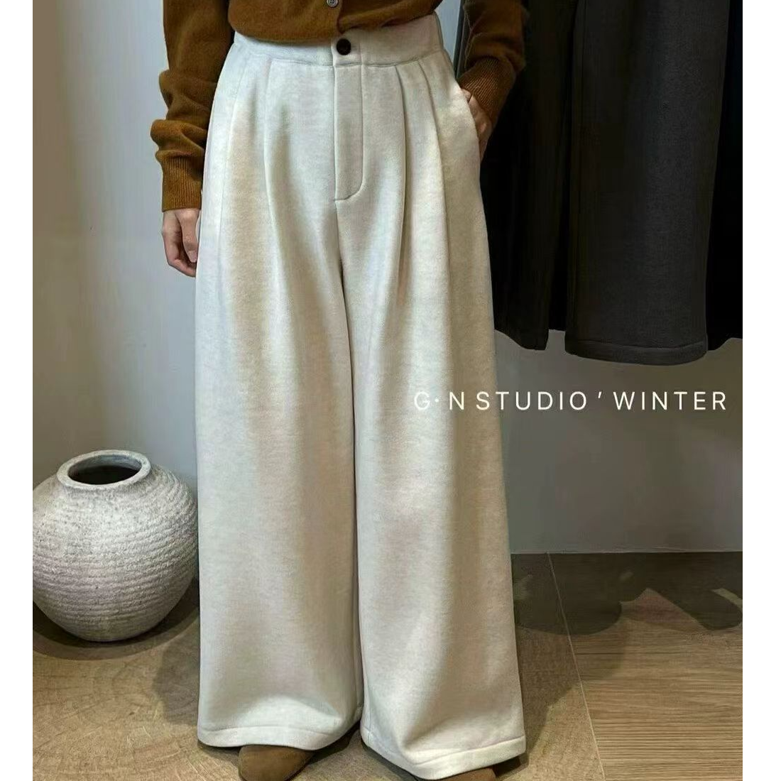 9918-2冬季厚绒显瘦褶皱阔腿裤秋冬百搭休闲裤时尚简约纯色气质