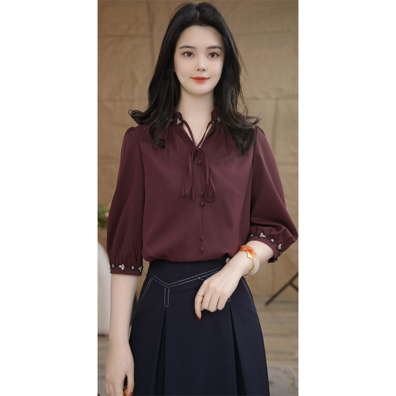 【小陈甄选】8592385C浆果紫短袖衬衫女设计感小众气质宽松洋气