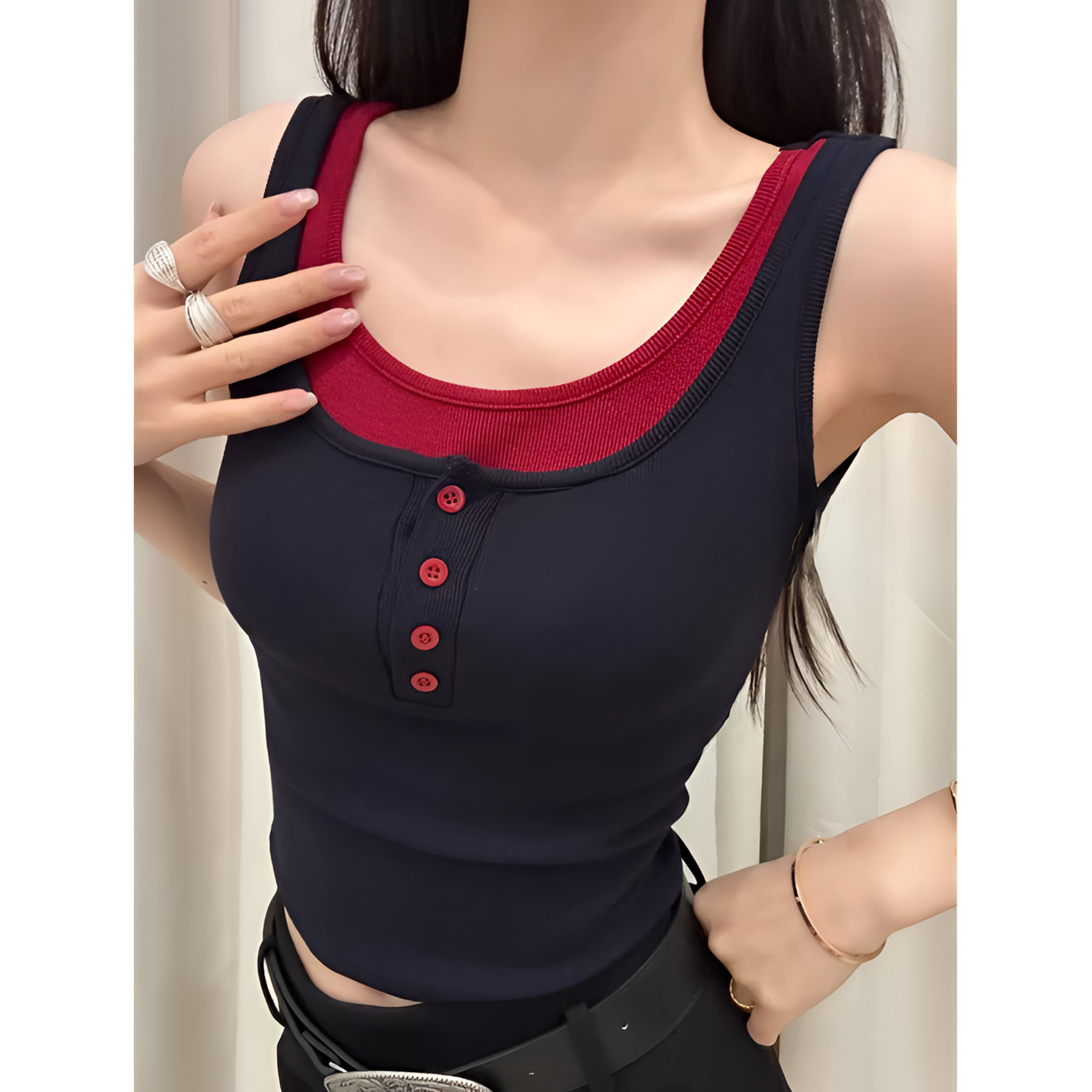 秋冬新款带胸垫假两件保暖背心女人棉磨毛固定杯撞色打底女士背心