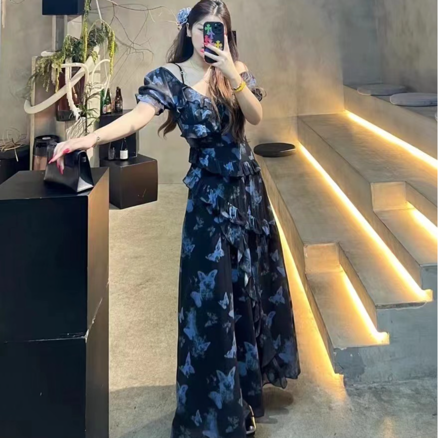 丽丝蝴蝶裙碎花不规则吊带裙纯欲短袖连衣裙性感气质连衣裙女991