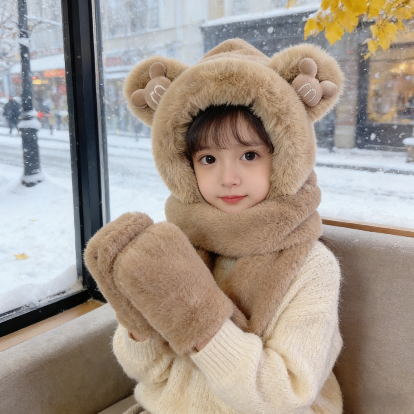 儿童小熊帽子围巾手套三件套冬季男女童加厚一体帽保暖防风护耳帽