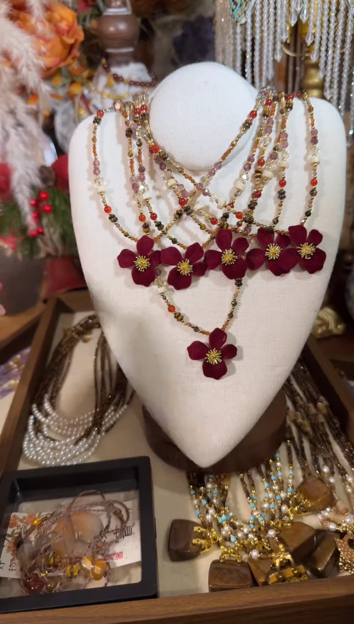 未镶嵌项链玛瑙/玉髓红丝绒花 074