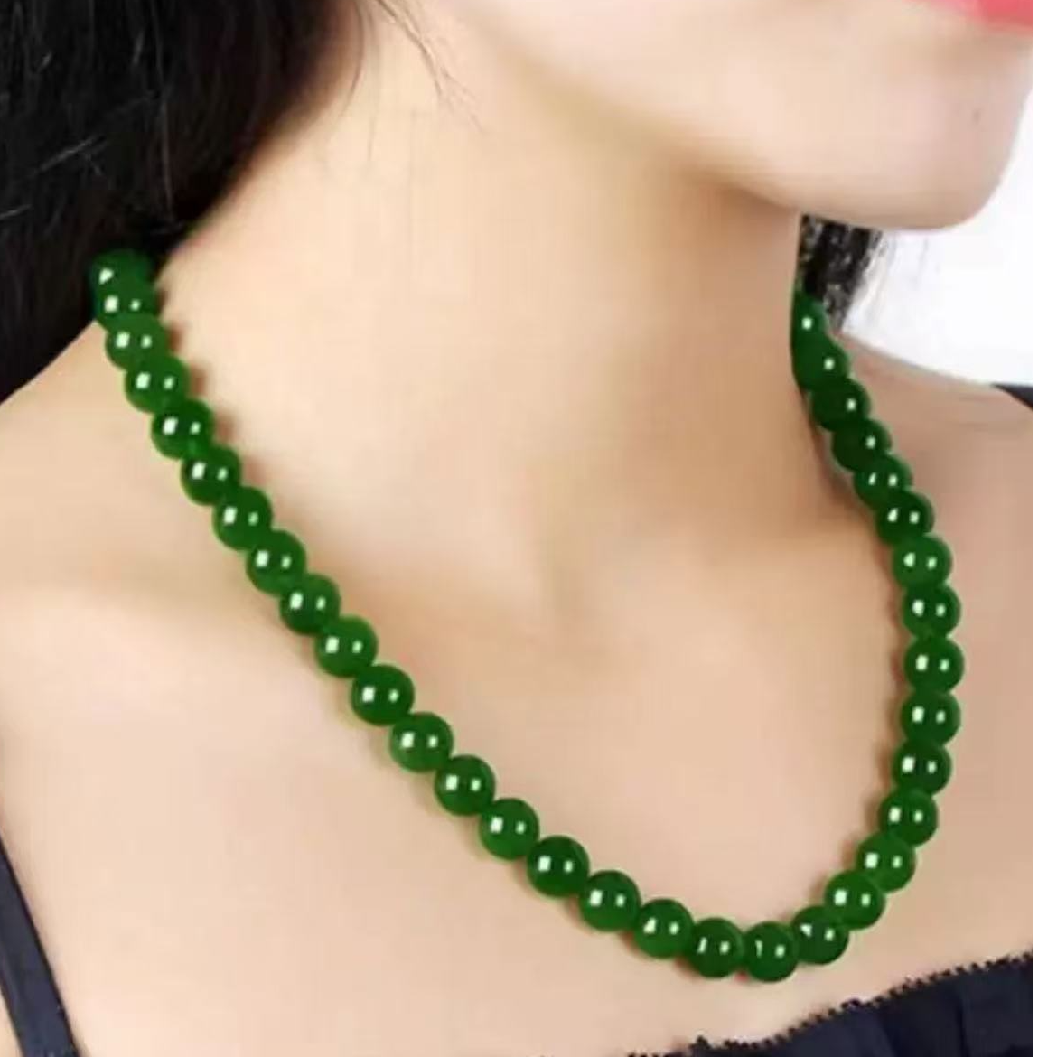 俄料天然碧玉菠菜绿圆珠项链【证书＋礼盒】