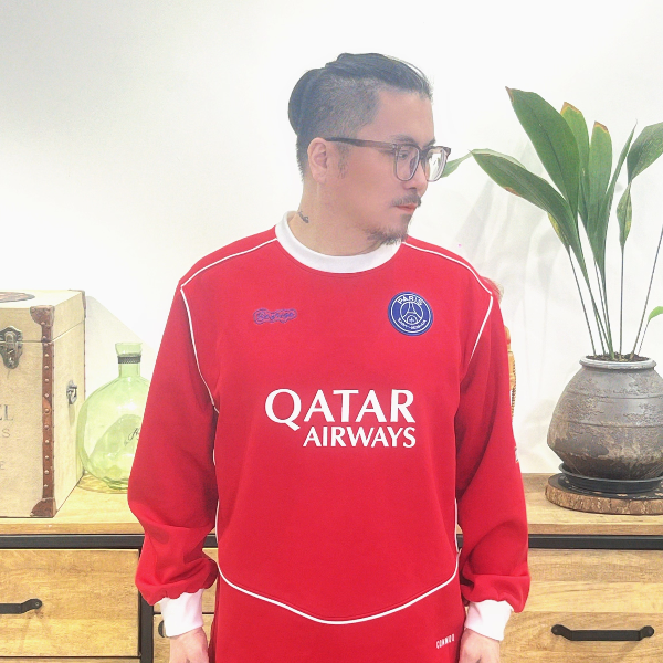 预售-大巴黎红色客场长袖T恤足球服秋冬保暖休闲速干印花时尚