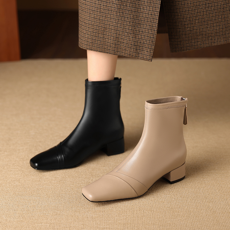 跟高5cm秋冬气质方头100%软羊皮短靴女2025爆款虎头鞋冬季保暖款