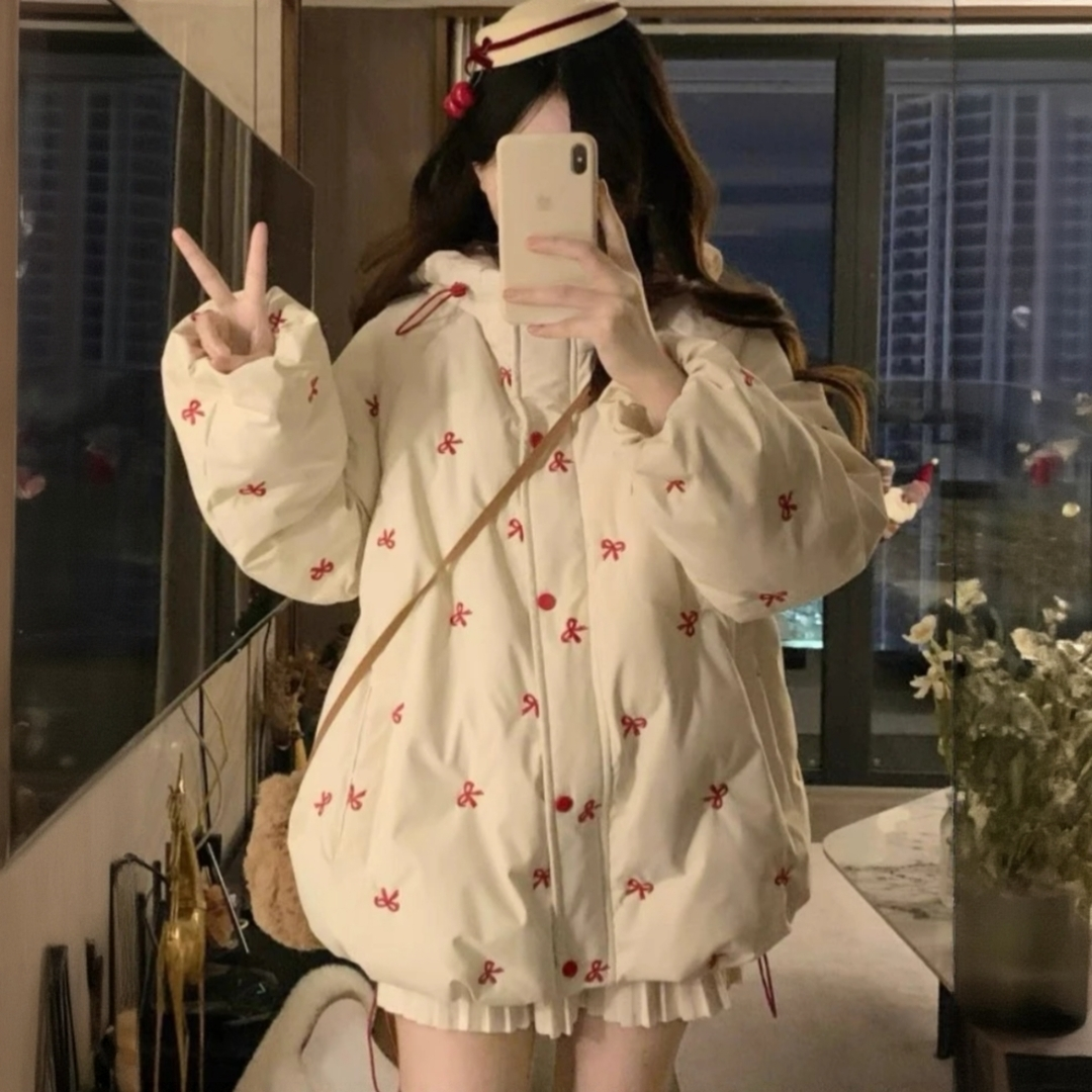 可爱外套女修身型宽松棉服保暖蝴蝶结刺绣清新云绒冬季秋冬ins