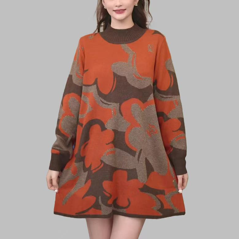 339（向阳花）秋冬新款洋气宽松中长款女士针织显瘦上衣圆领