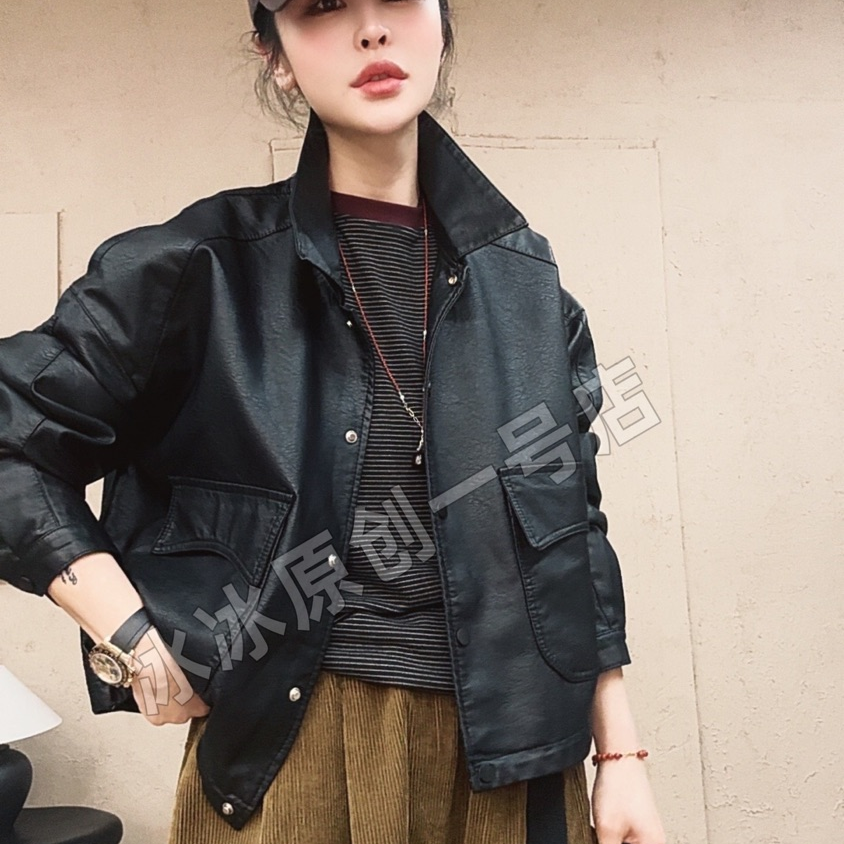 【冰冰一号店】95192#翻领休闲皮衣外套秋款百搭机车