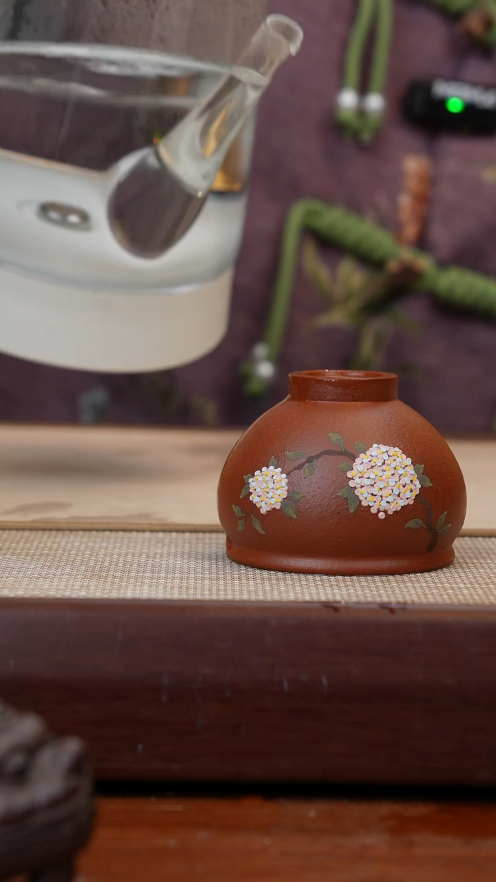 茶壶紫砂圆鼓50目赵庄朱泥有铁质绣球花泥绘