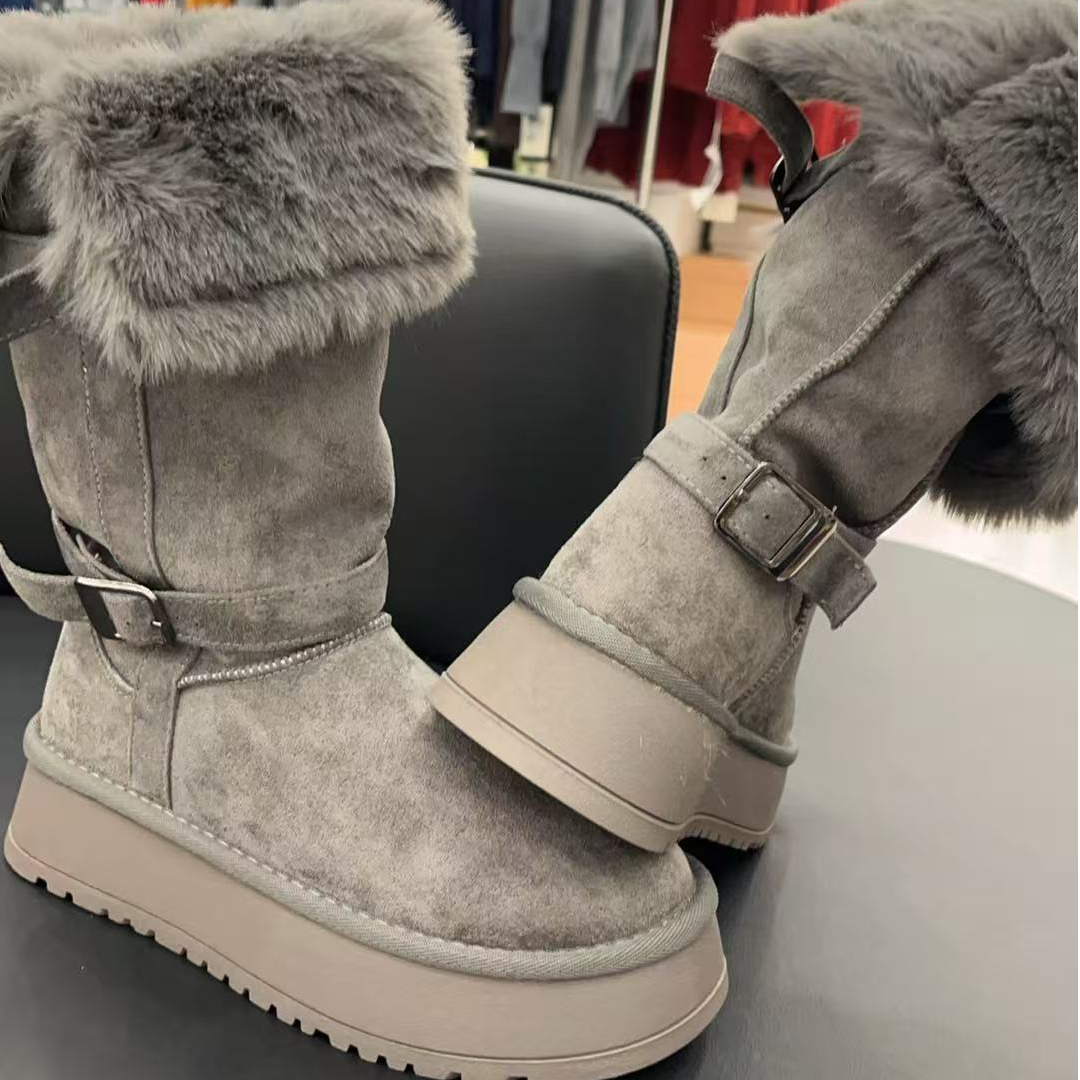 珂莹·【雪地靴】灰色厚底雪地靴皮毛一体高低筒棉鞋冬季