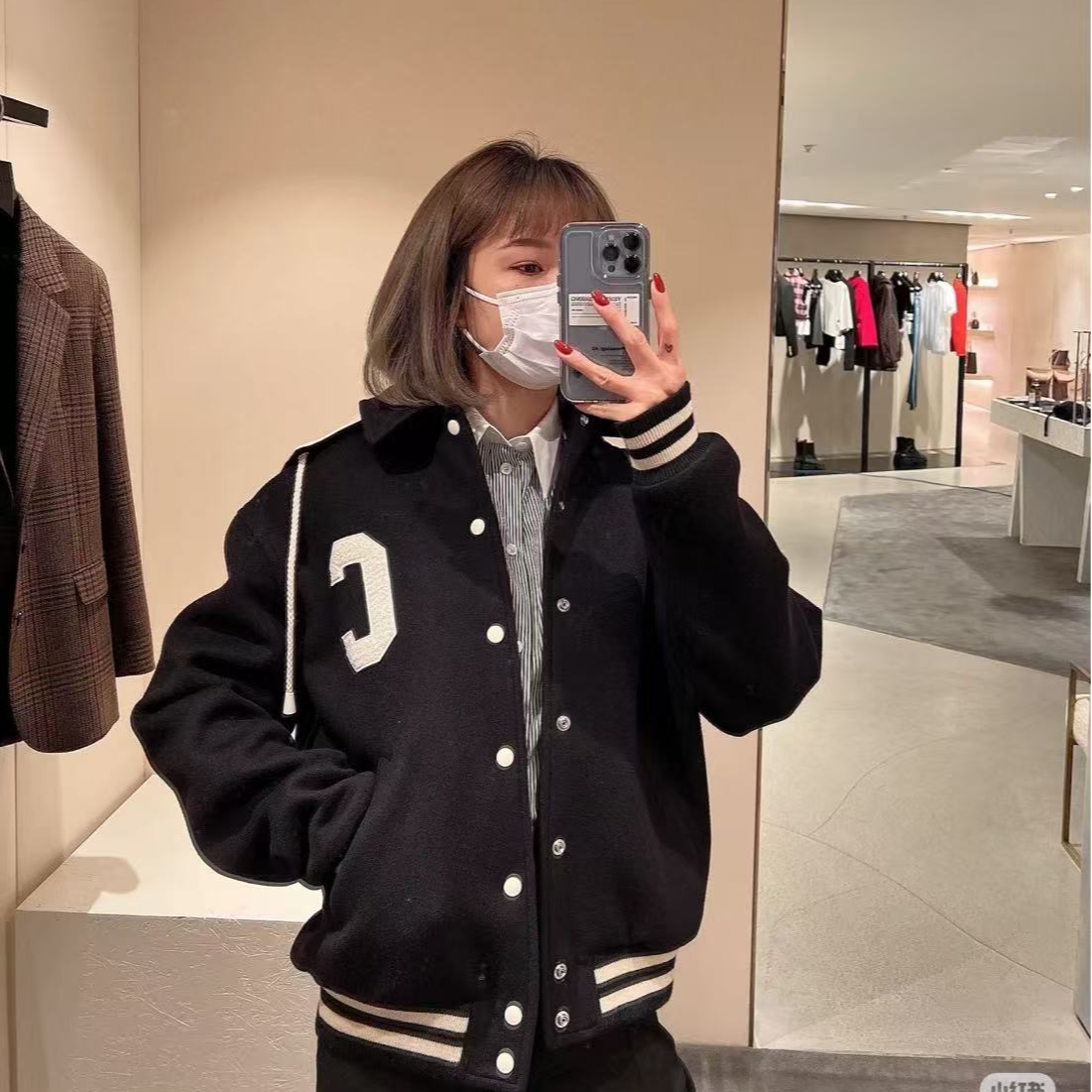 95新 Celine/思琳 藏青色山羊绒连帽棒球服/f34/编号644 