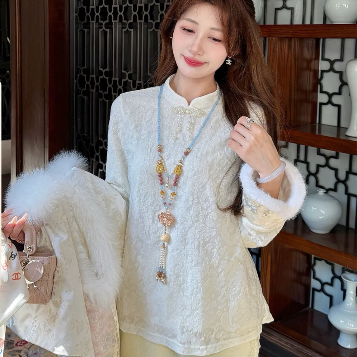 晚亭香雪 新中式羊毛蕾丝提花针织衫女冬国风刺绣内搭