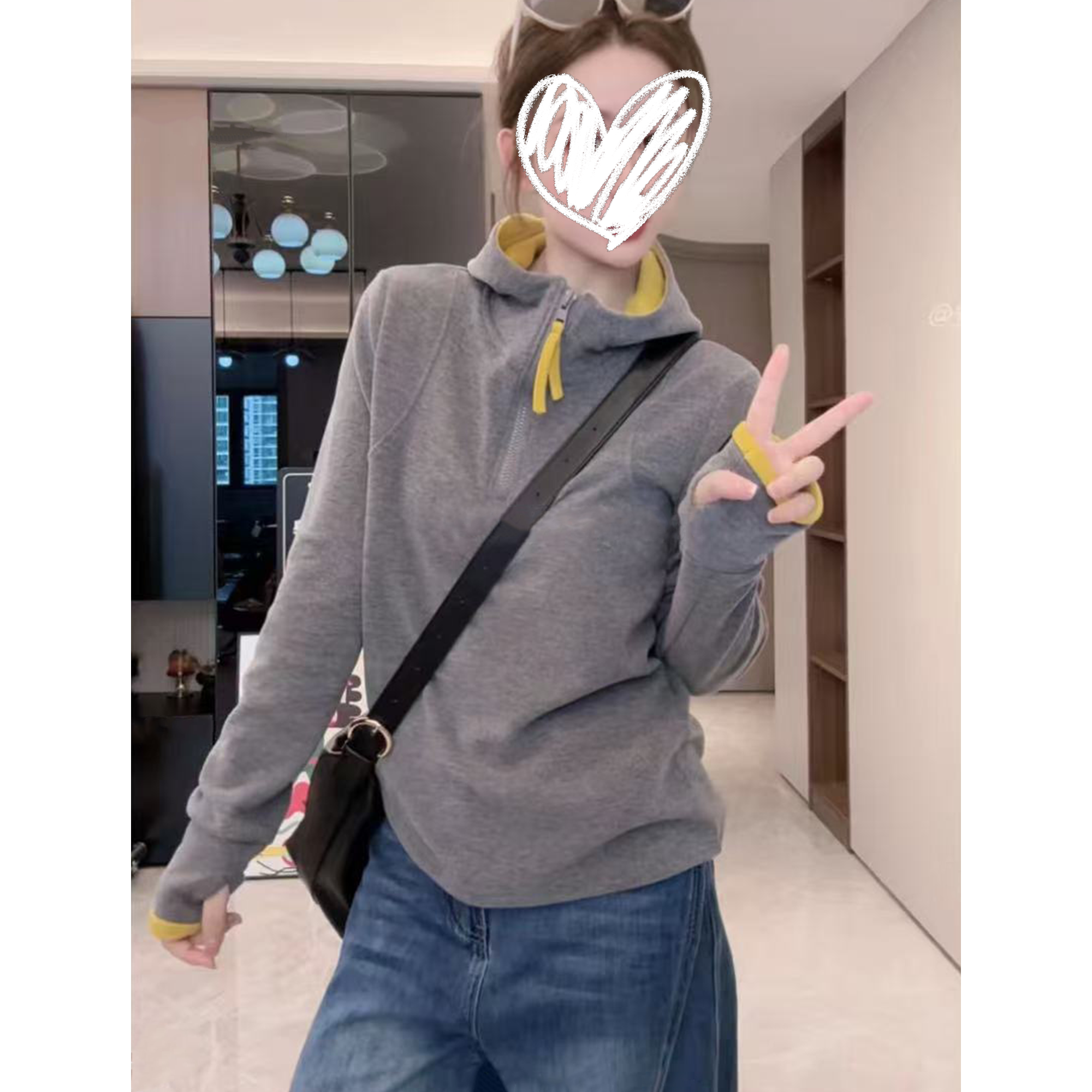 秋冬磨毛锁温保暖显瘦长袖半拉链连帽打底衫Q 9630#