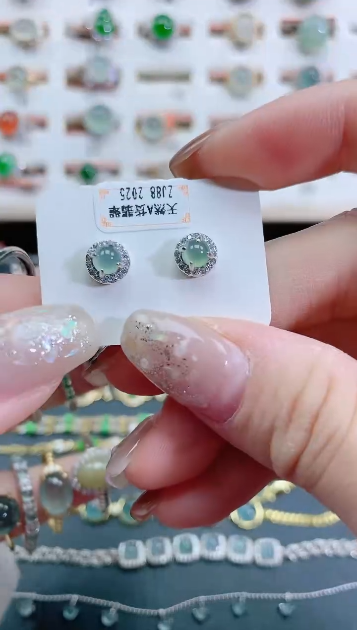 银S925镶嵌翡翠耳饰天然翡翠