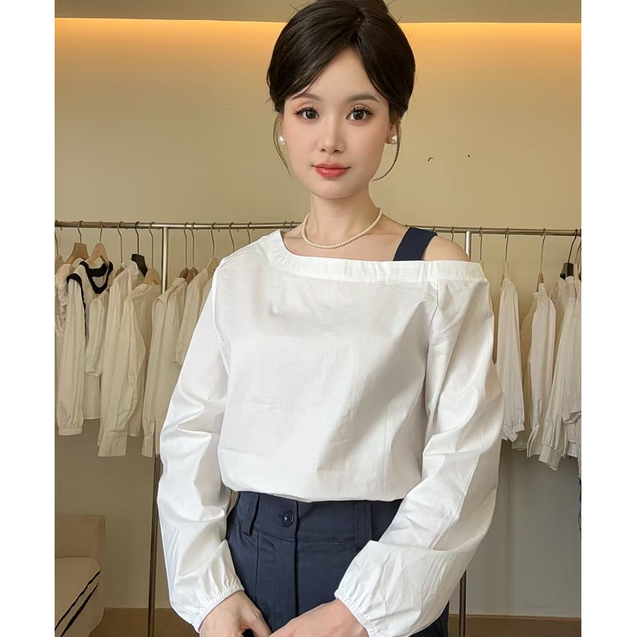 露肩上衣女春秋季长袖衬衣百搭气质通勤衬衫