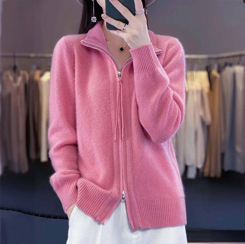 2025秋冬100%羊毛开衫纯色针织毛衣短款外套长袖慵懒毛衣宽松时尚