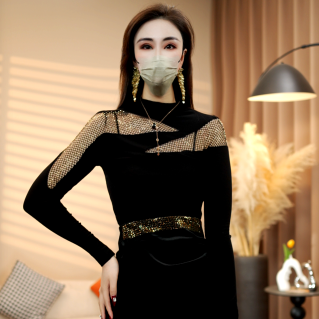 2026冬季新款半高领长袖镶钻名媛风常规款女T恤