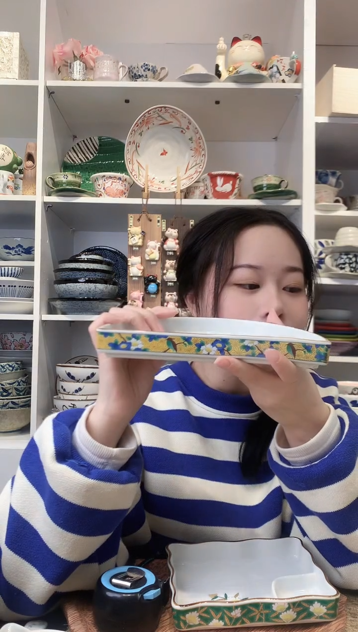 陶瓷吾山窑黄花鸟半圆分隔盘