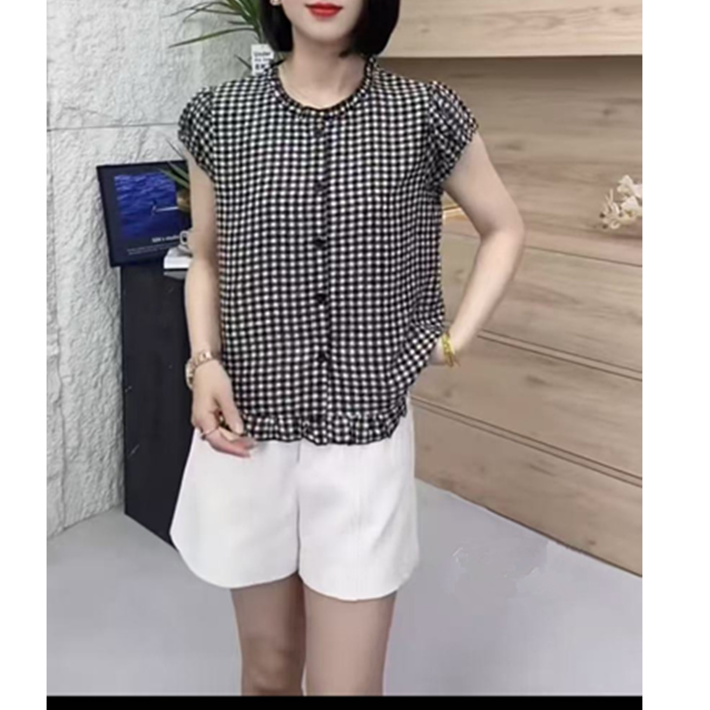 时尚减龄百搭格子花边上衣
