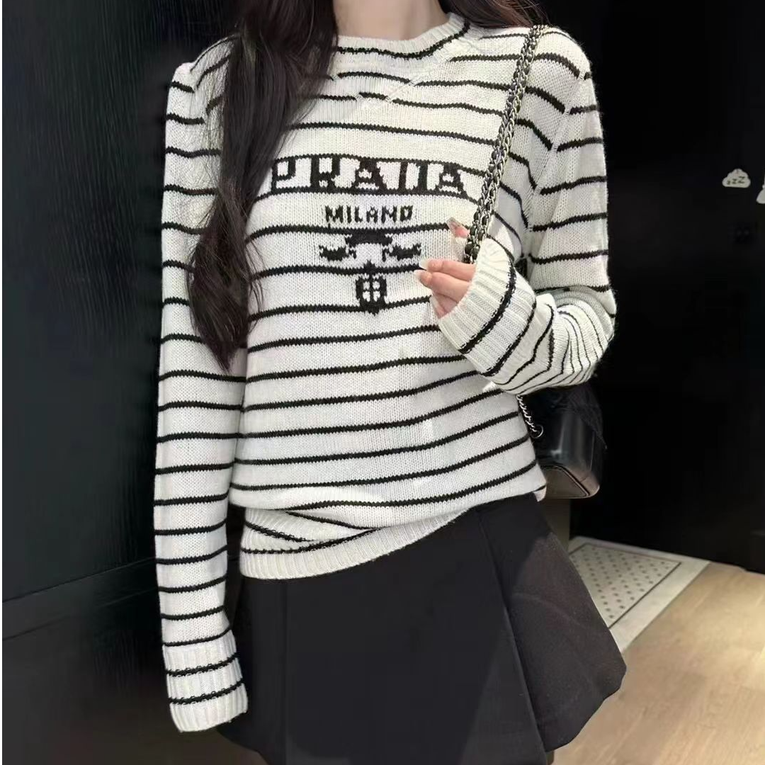 未使用 Prada/普拉达 Prada 条纹针织长袖 深蓝白40