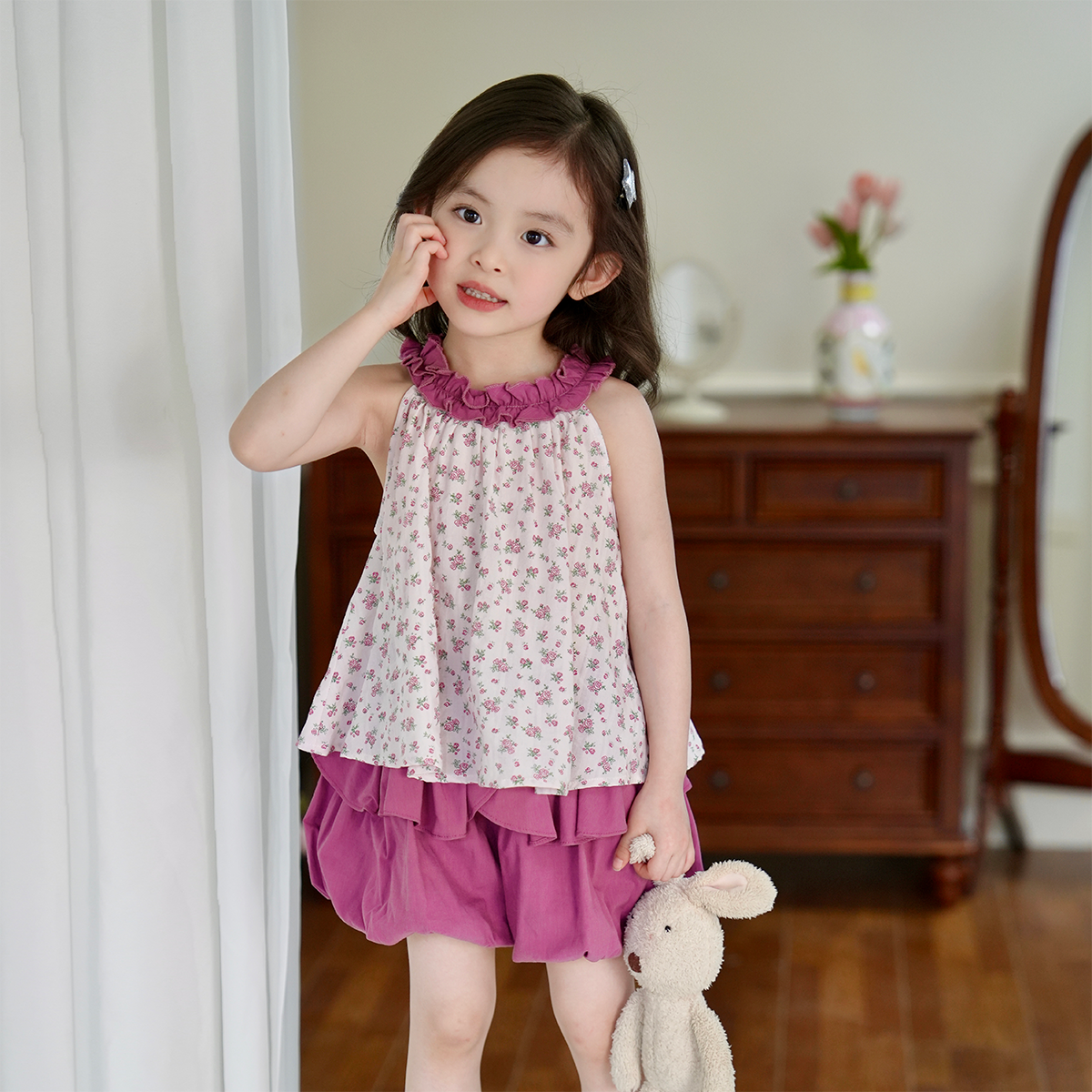 现货【尤夏】3791女童夏季女宝时尚洋气花色女孩无袖短裤套装两件套