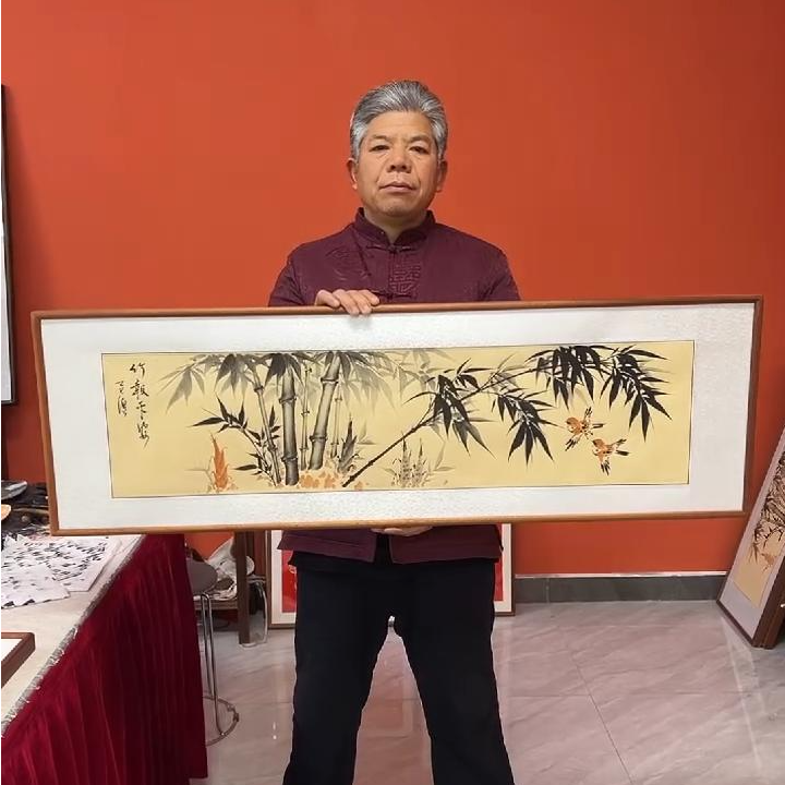 张富民手绘作品/竹报平安（乌檀木外框）/古宣/122*40cm左右/