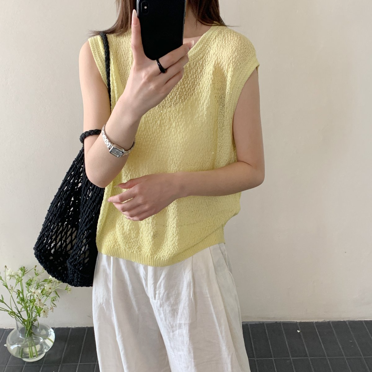 【素简.500157】春款上新亚麻珠片纱爆款背心女装针织衫（5.13福利）