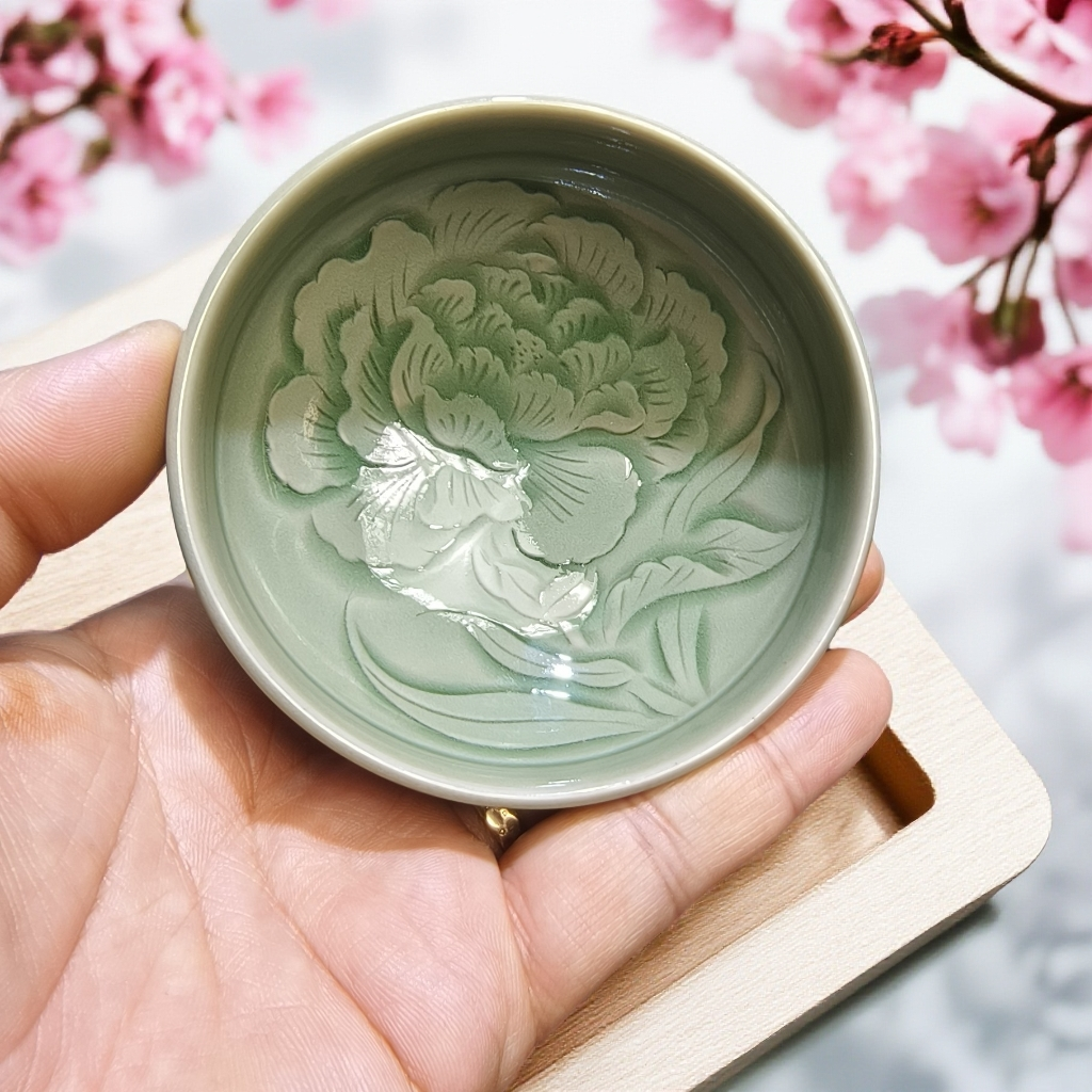 耀州窑非遗青瓷刻花普洱杯100cc茶杯创意泡茶个人专用品茗杯
