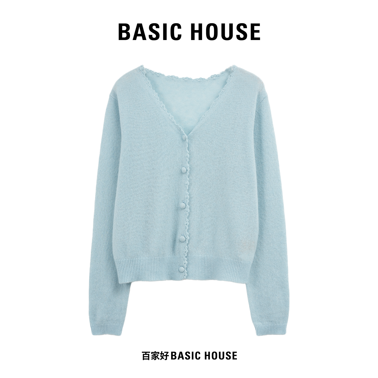 Basic House/百家好2025秋V领设计师单排扣温柔百搭针织衫P022 MM